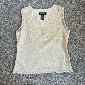 Vintage Cream Sleeveless Lace Overlay Scallop Button Detail Top, Size 10